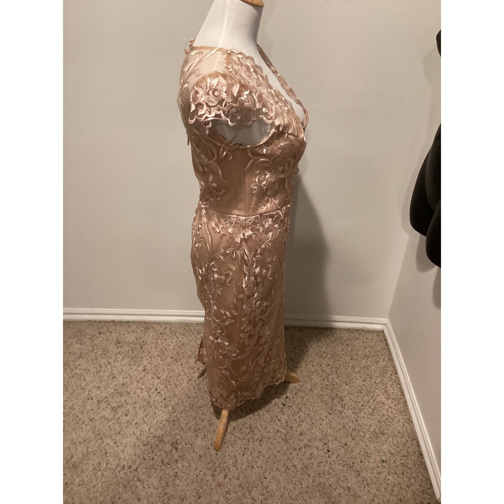 Soieblu Rose Gold Floral Lace Midi Dress V-Neck Cap Sleeve Sheer Back Size Large - Picture 4 of 5